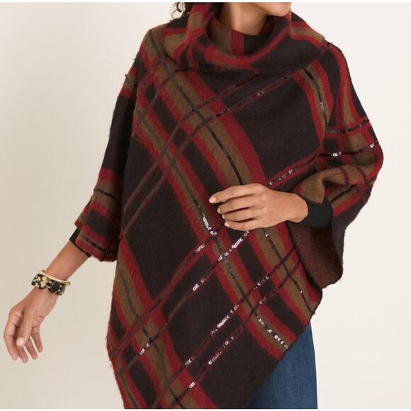 Chicos Poncho Sweater Cowl Neck Plaid Shine Camel Sequin Holiday Size S/M - Picture 1 of 9